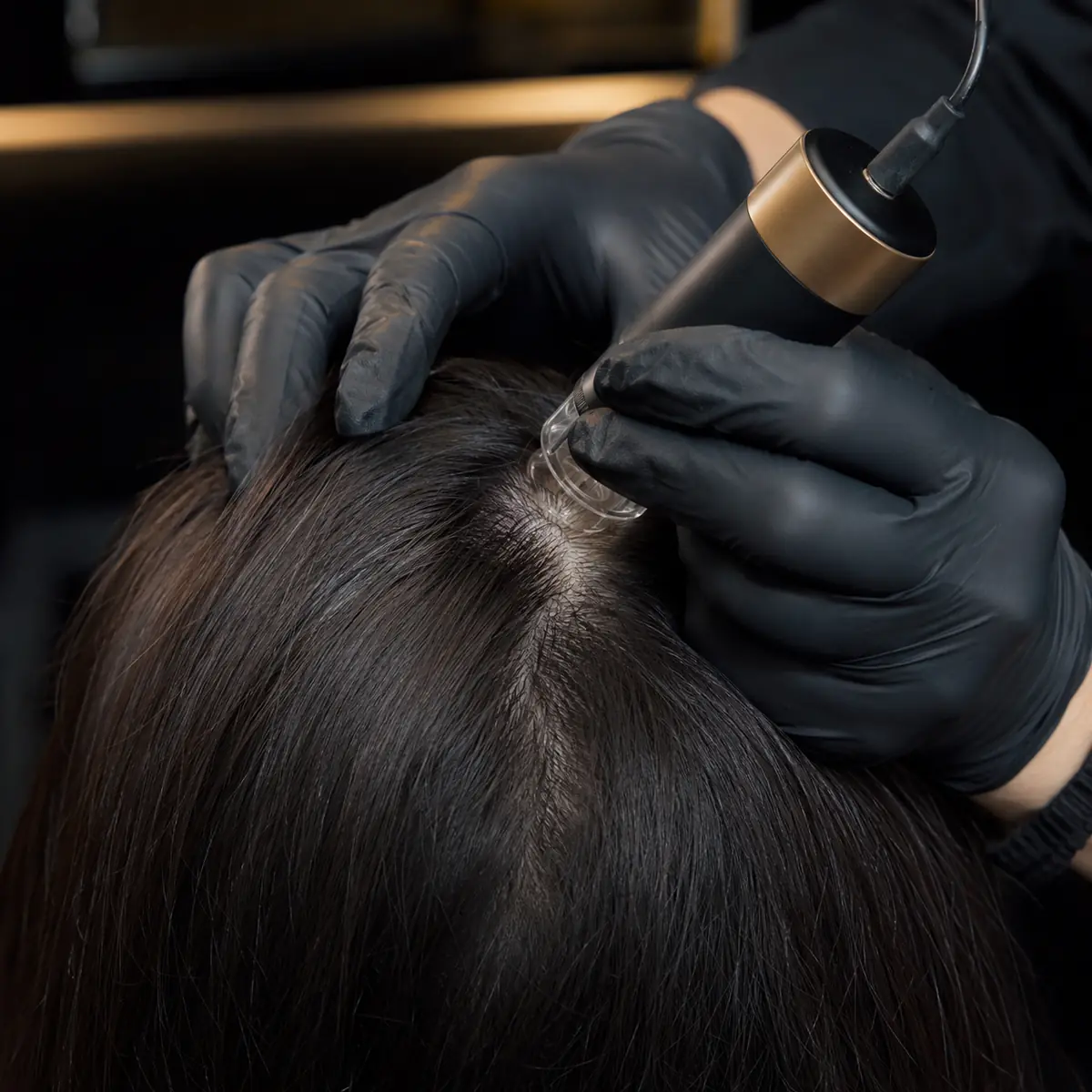 Professional trichoscope scalp analysis examining hair follicles and scalp condition