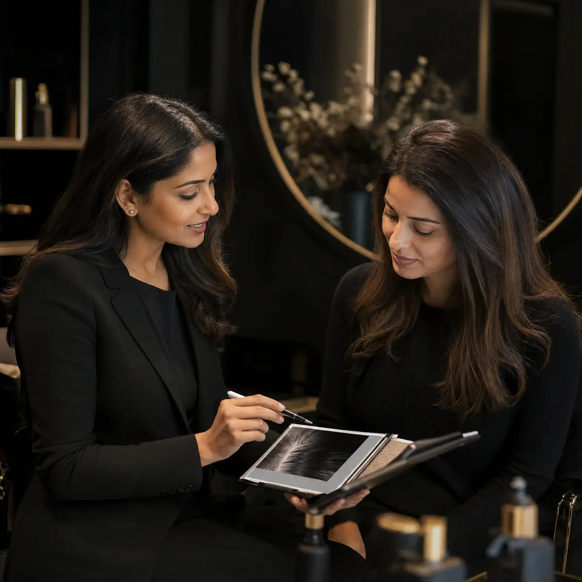 Certified trichology professional reviewing a personalized scalp assessment with a client