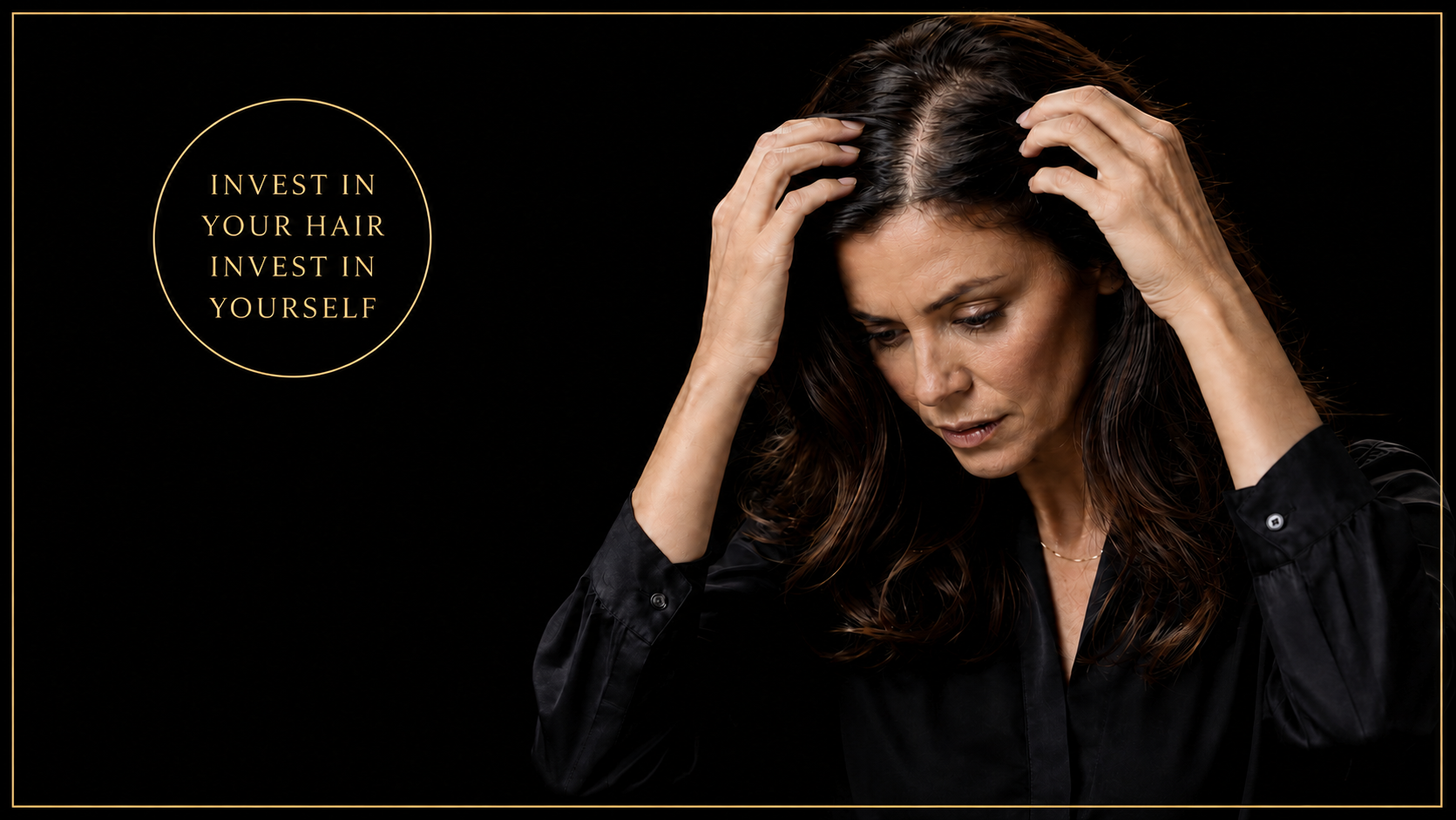 Woman examining thinning hair with an Invest in Your Hair, Invest in Yourself message before a hair loss consultation at Fusion Scalp Institute in Wilmette