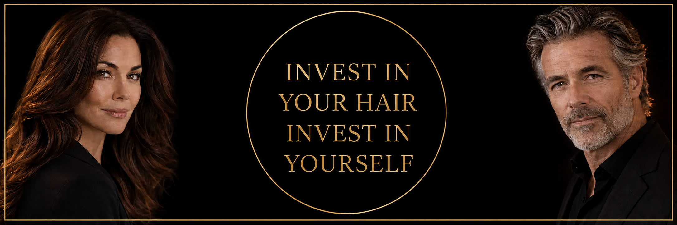 Woman and man with healthy-looking hair beside the message Invest in Your Hair, Invest in Yourself